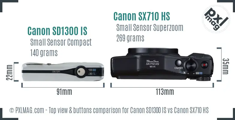 Canon SD1300 IS vs Canon SX710 HS top view buttons comparison