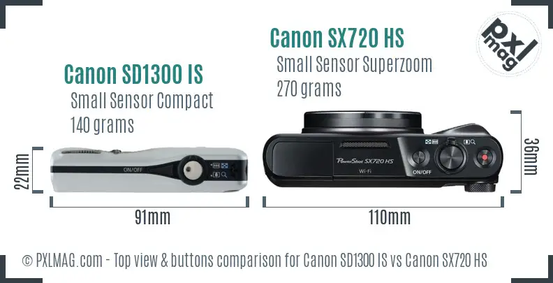 Canon SD1300 IS vs Canon SX720 HS top view buttons comparison