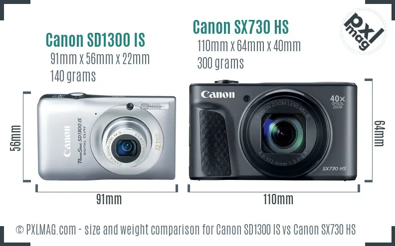 Canon SD1300 IS vs Canon SX730 HS size comparison