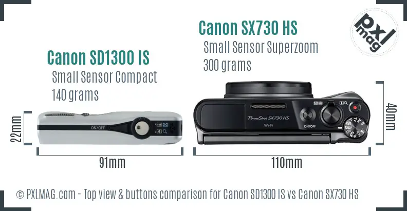Canon SD1300 IS vs Canon SX730 HS top view buttons comparison
