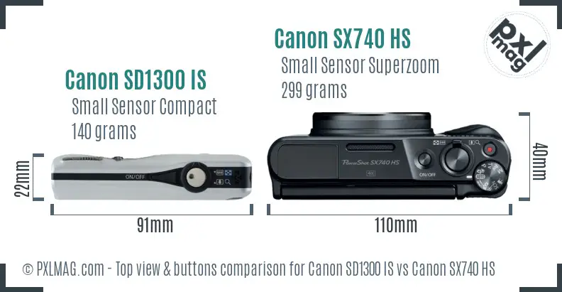 Canon SD1300 IS vs Canon SX740 HS top view buttons comparison