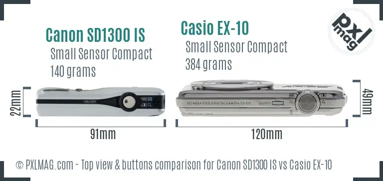Canon SD1300 IS vs Casio EX-10 top view buttons comparison