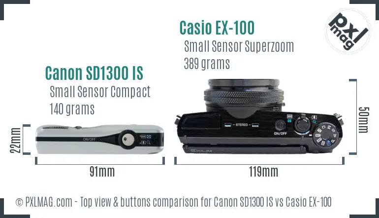 Canon SD1300 IS vs Casio EX-100 top view buttons comparison