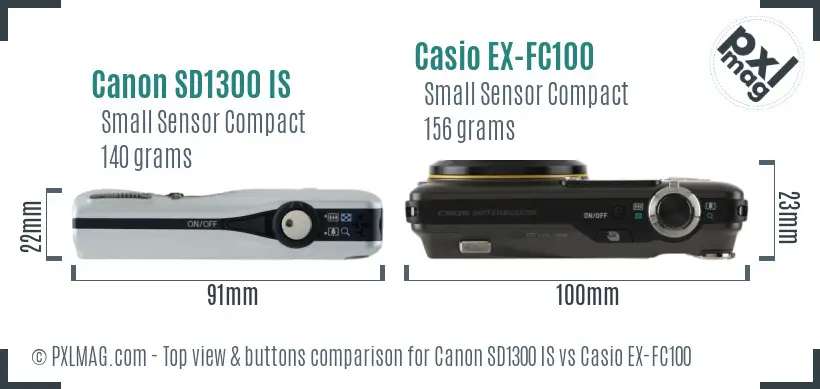 Canon SD1300 IS vs Casio EX-FC100 top view buttons comparison