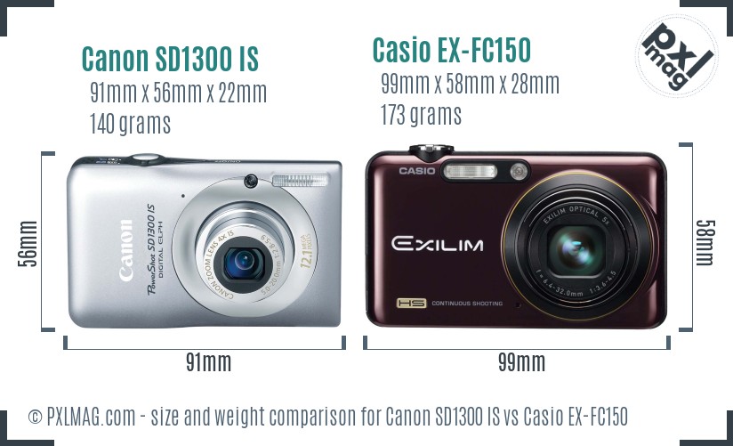 Canon SD1300 IS vs Casio EX-FC150 size comparison