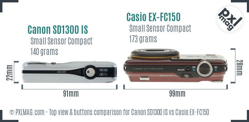 Canon SD1300 IS vs Casio EX-FC150 top view buttons comparison