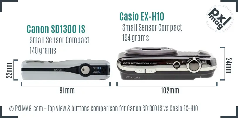 Canon SD1300 IS vs Casio EX-H10 top view buttons comparison