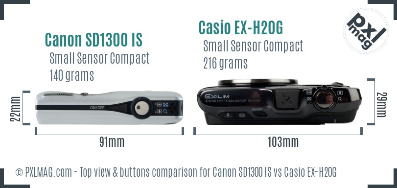 Canon SD1300 IS vs Casio EX-H20G top view buttons comparison