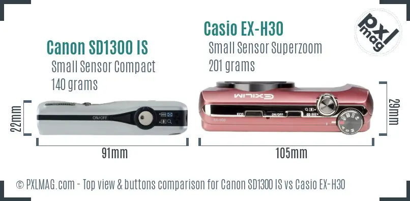 Canon SD1300 IS vs Casio EX-H30 top view buttons comparison Canon SD1300 IS vs Casio EX-H30 top view buttons comparison