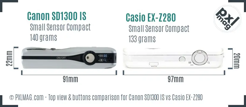 Canon SD1300 IS vs Casio EX-Z280 top view buttons comparison