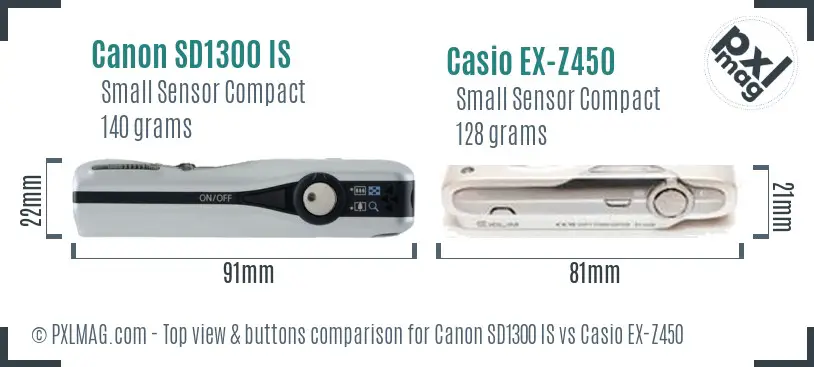 Canon SD1300 IS vs Casio EX-Z450 top view buttons comparison Canon SD1300 IS vs Casio EX-Z450 top view buttons comparison