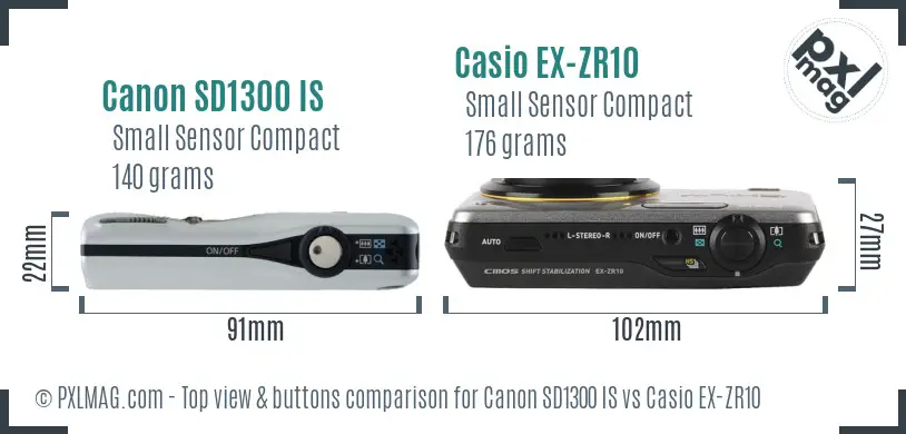 Canon SD1300 IS vs Casio EX-ZR10 top view buttons comparison