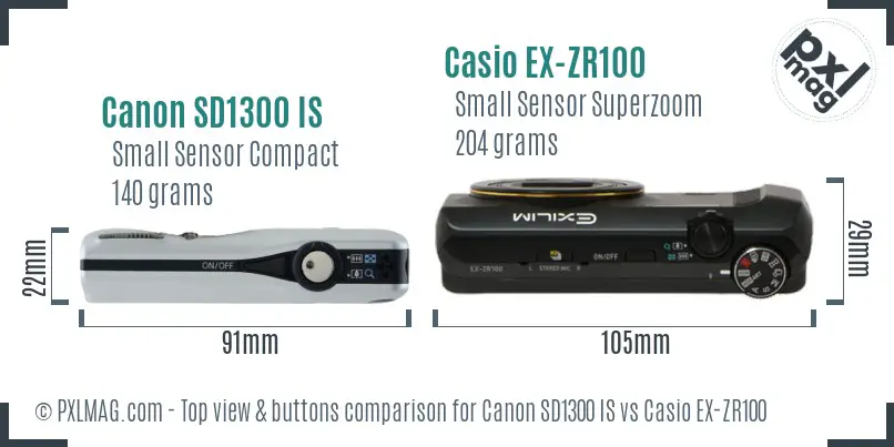 Canon SD1300 IS vs Casio EX-ZR100 top view buttons comparison