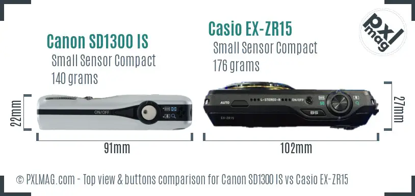 Canon SD1300 IS vs Casio EX-ZR15 top view buttons comparison