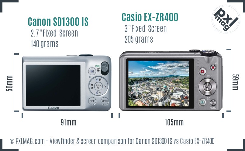 Canon SD1300 IS vs Casio EX-ZR400 Screen and Viewfinder comparison
