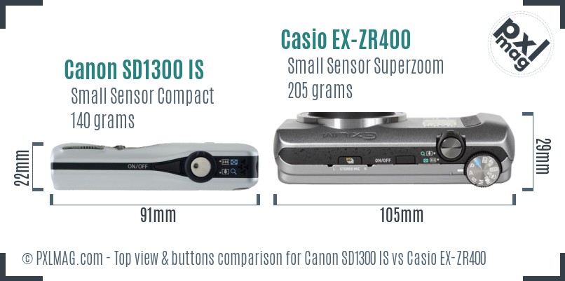 Canon SD1300 IS vs Casio EX-ZR400 top view buttons comparison