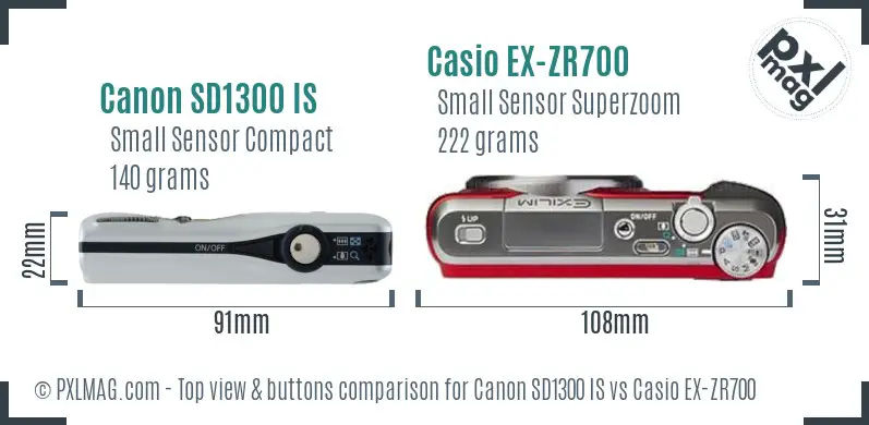 Canon SD1300 IS vs Casio EX-ZR700 top view buttons comparison Canon SD1300 IS vs Casio EX-ZR700 top view buttons comparison