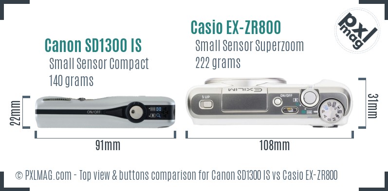 Canon SD1300 IS vs Casio EX-ZR800 top view buttons comparison