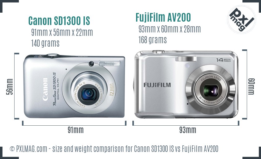 Canon SD1300 IS vs FujiFilm AV200 size comparison