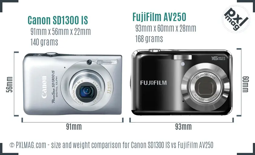 Canon SD1300 IS vs FujiFilm AV250 size comparison