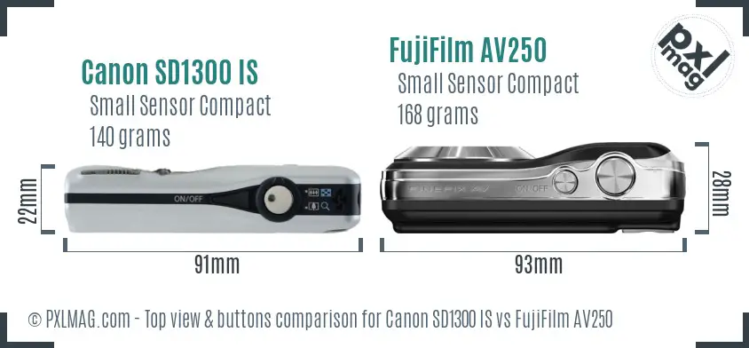 Canon SD1300 IS vs FujiFilm AV250 top view buttons comparison