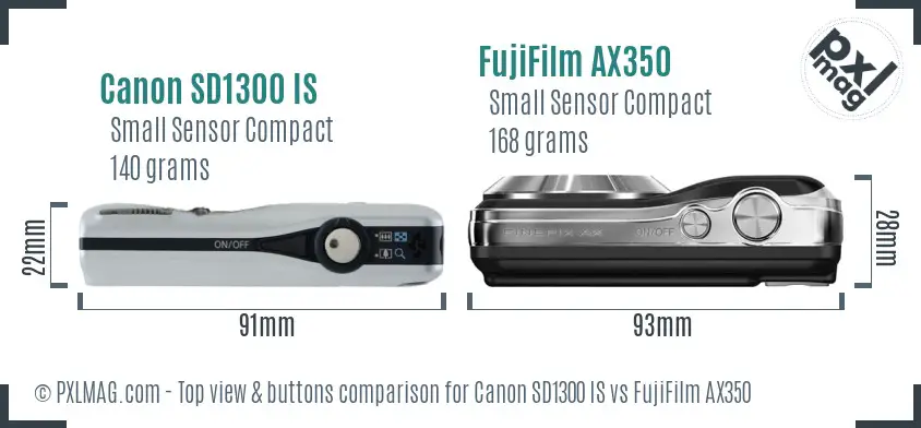 Canon SD1300 IS vs FujiFilm AX350 top view buttons comparison