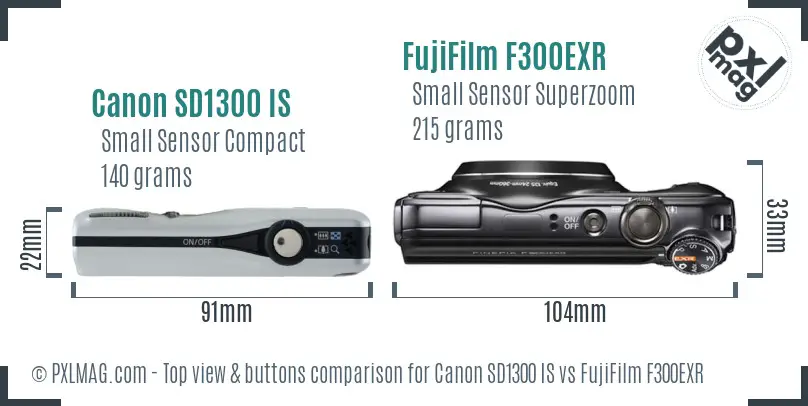 Canon SD1300 IS vs FujiFilm F300EXR top view buttons comparison Canon SD1300 IS vs FujiFilm F300EXR top view buttons comparison
