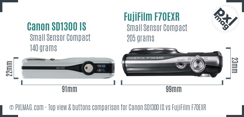 Canon SD1300 IS vs FujiFilm F70EXR top view buttons comparison