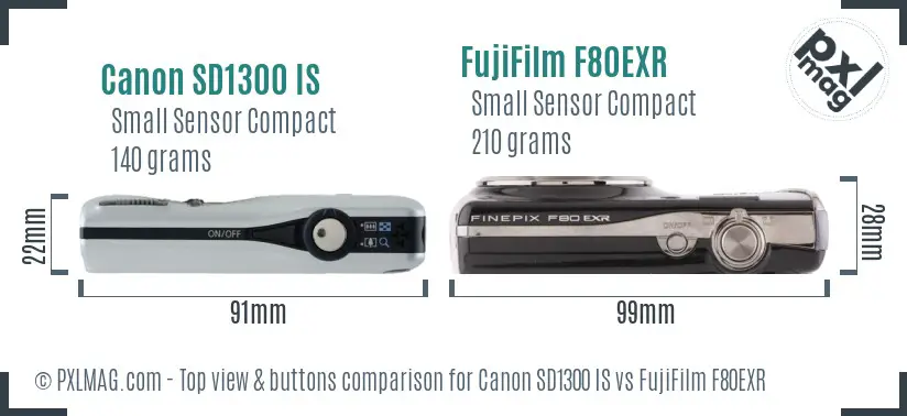Canon SD1300 IS vs FujiFilm F80EXR top view buttons comparison