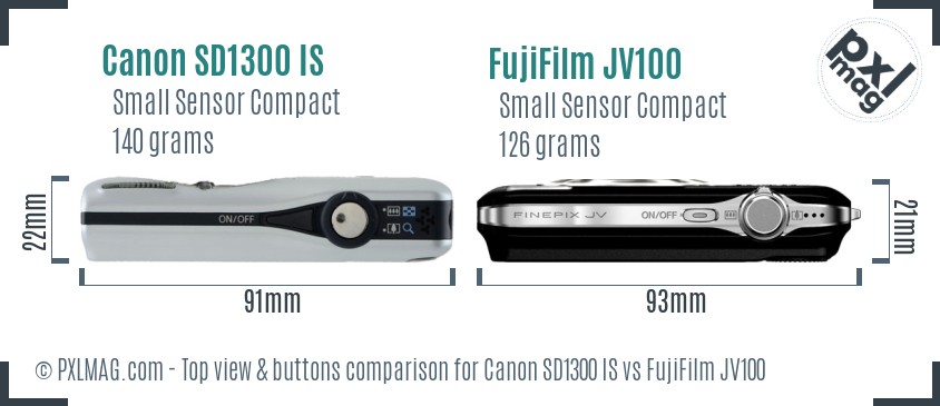 Canon SD1300 IS vs FujiFilm JV100 top view buttons comparison