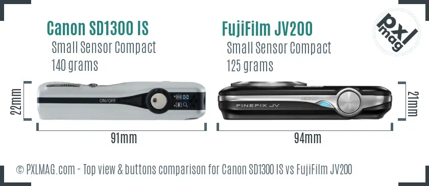 Canon SD1300 IS vs FujiFilm JV200 top view buttons comparison