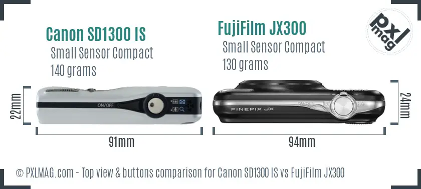 Canon SD1300 IS vs FujiFilm JX300 top view buttons comparison