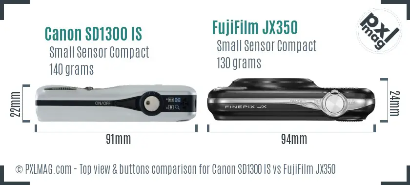 Canon SD1300 IS vs FujiFilm JX350 top view buttons comparison