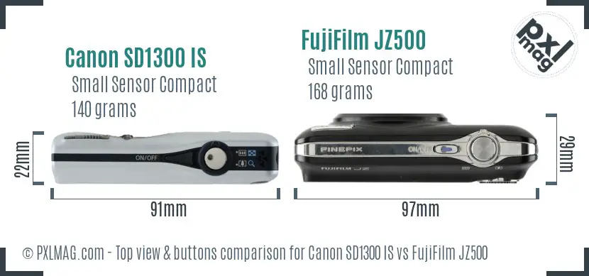 Canon SD1300 IS vs FujiFilm JZ500 top view buttons comparison