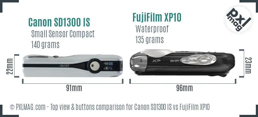 Canon SD1300 IS vs FujiFilm XP10 top view buttons comparison Canon SD1300 IS vs FujiFilm XP10 top view buttons comparison