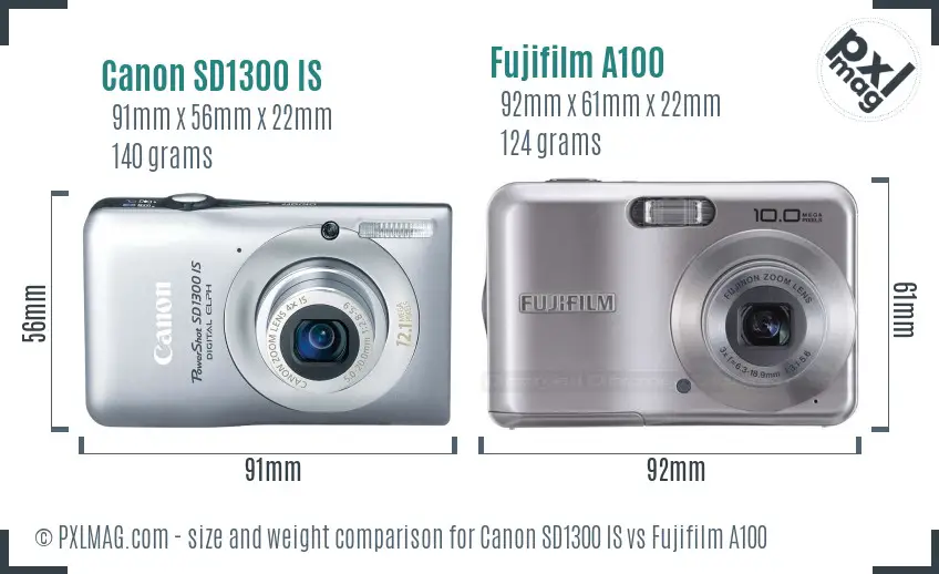 Canon SD1300 IS vs Fujifilm A100 size comparison