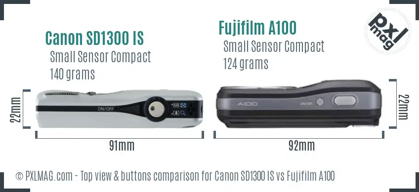 Canon SD1300 IS vs Fujifilm A100 top view buttons comparison