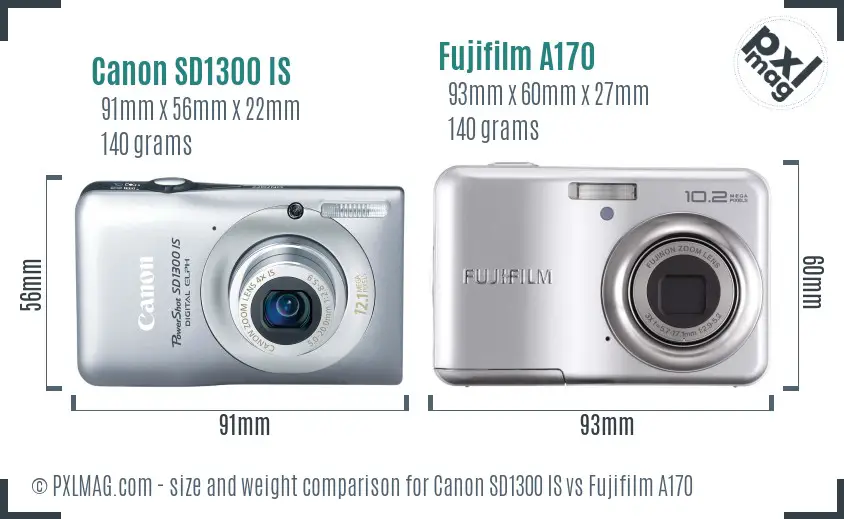 Canon SD1300 IS vs Fujifilm A170 size comparison