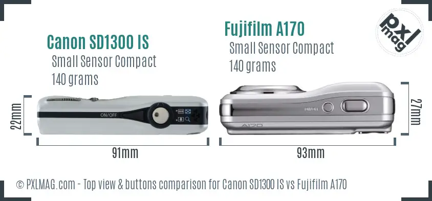 Canon SD1300 IS vs Fujifilm A170 top view buttons comparison