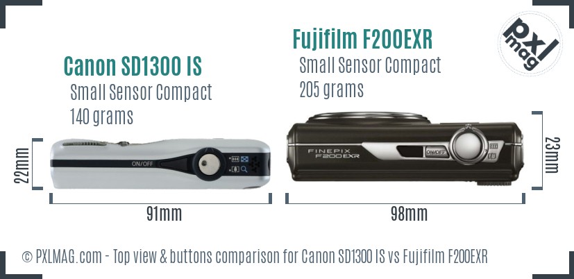 Canon SD1300 IS vs Fujifilm F200EXR top view buttons comparison