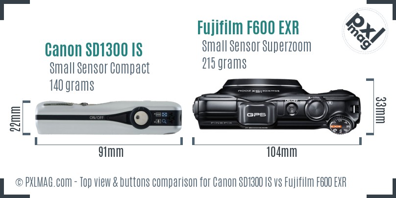 Canon SD1300 IS vs Fujifilm F600 EXR top view buttons comparison