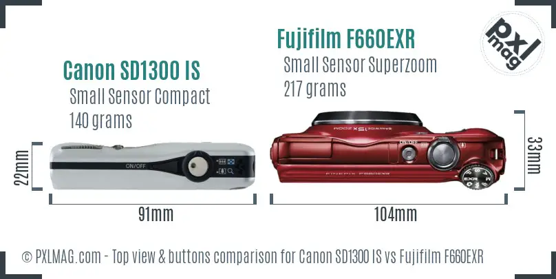 Canon SD1300 IS vs Fujifilm F660EXR top view buttons comparison