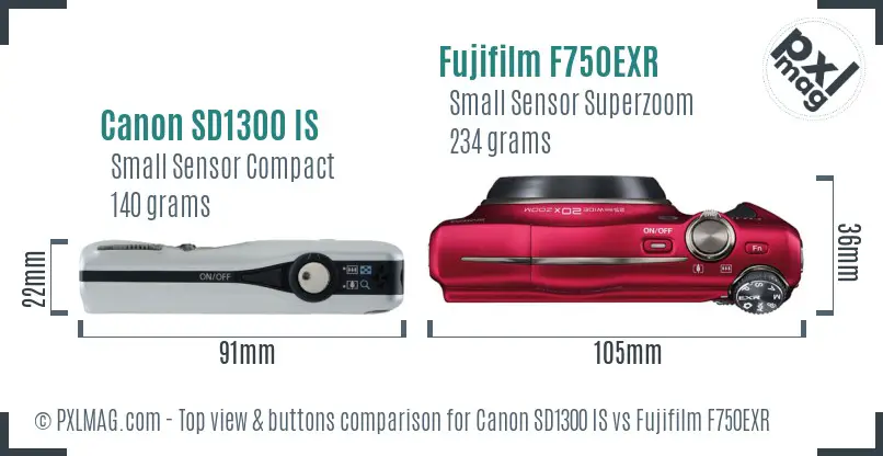 Canon SD1300 IS vs Fujifilm F750EXR top view buttons comparison