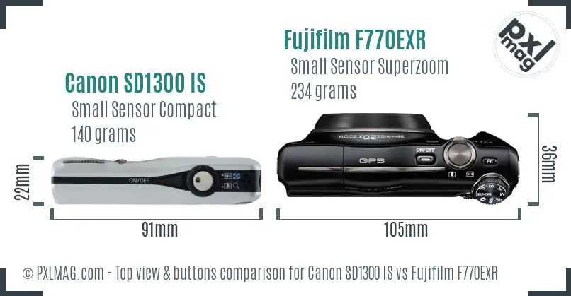 Canon SD1300 IS vs Fujifilm F770EXR top view buttons comparison