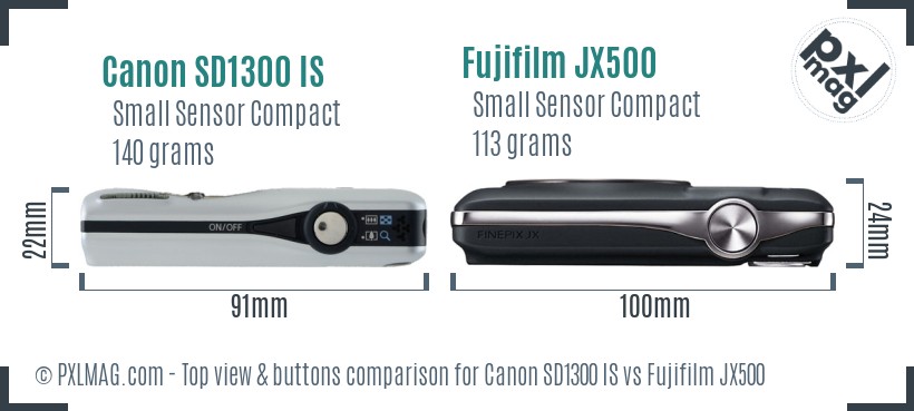 Canon SD1300 IS vs Fujifilm JX500 top view buttons comparison