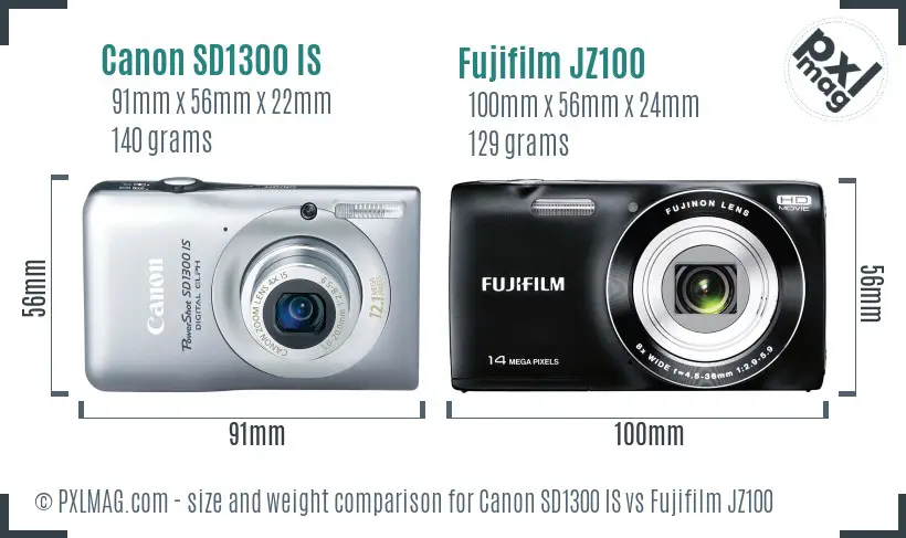 Canon SD1300 IS vs Fujifilm JZ100 size comparison