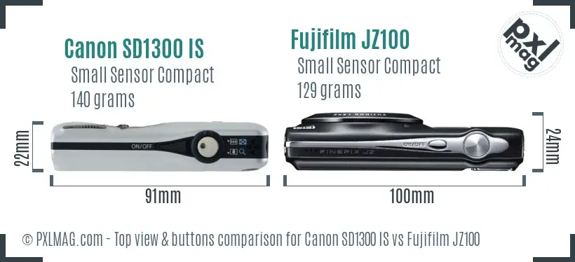 Canon SD1300 IS vs Fujifilm JZ100 top view buttons comparison