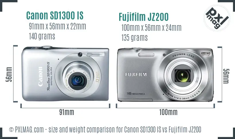 Canon SD1300 IS vs Fujifilm JZ200 size comparison