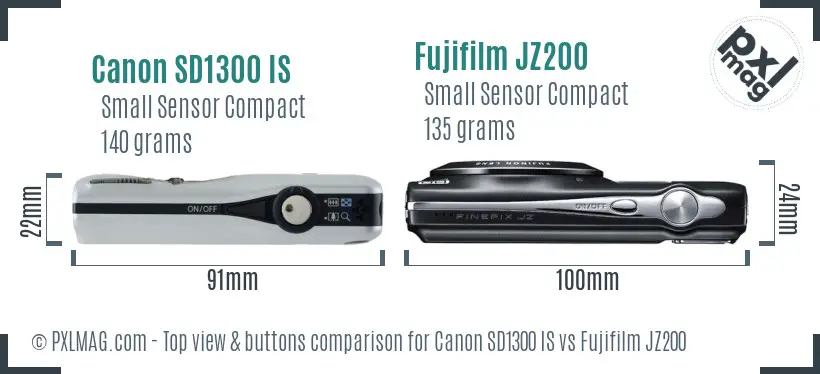 Canon SD1300 IS vs Fujifilm JZ200 top view buttons comparison