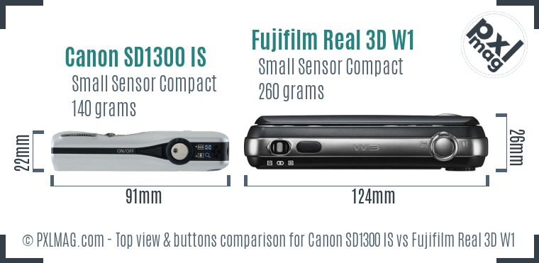 Canon SD1300 IS vs Fujifilm Real 3D W1 top view buttons comparison